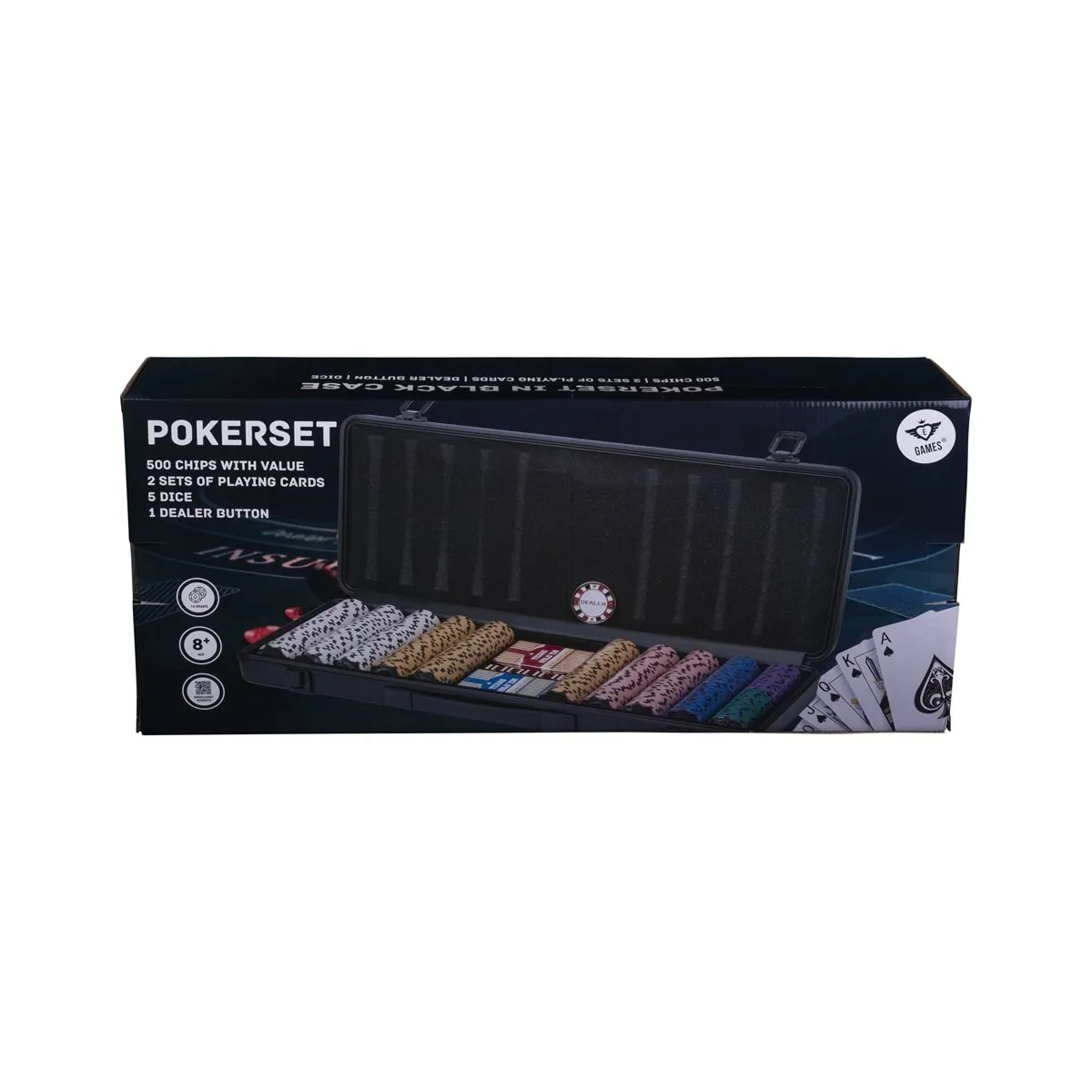 Pokerio rinkinys juodame dėkle 500 žetonų, 14g su vertėmis