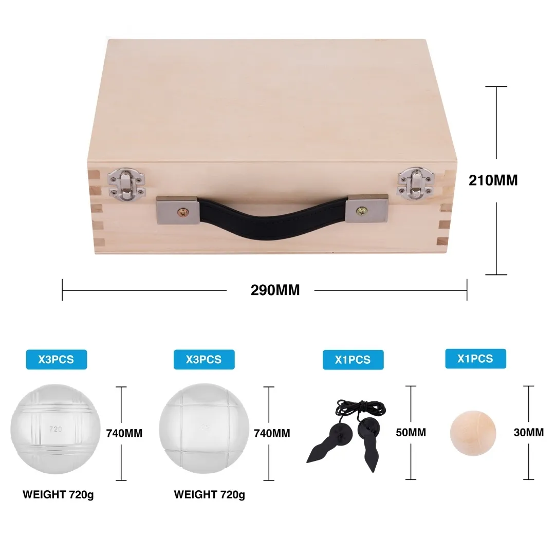 1556fd2195282a9bc79bb93c6bd4bfe66b5ff9d1 Petankės rinkinys 6 rutuliai 720gr. medinėje dėžutėje