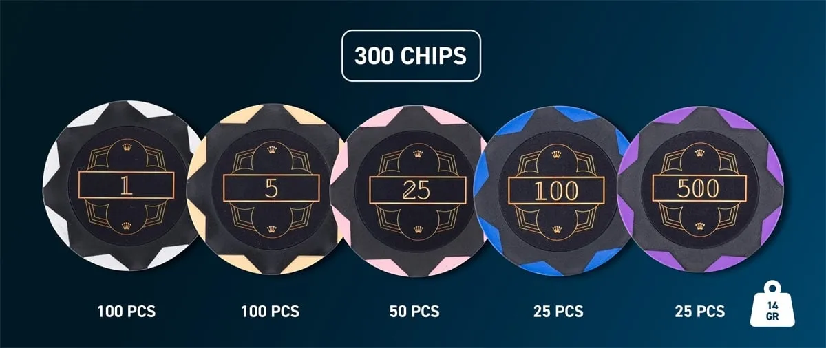 62e3dd5377f03d42413e844b4069b8538cdeee61 Pokerio rinkinys juodame aliuminio dėkle, 300 žetonų, 14g su vertėmis