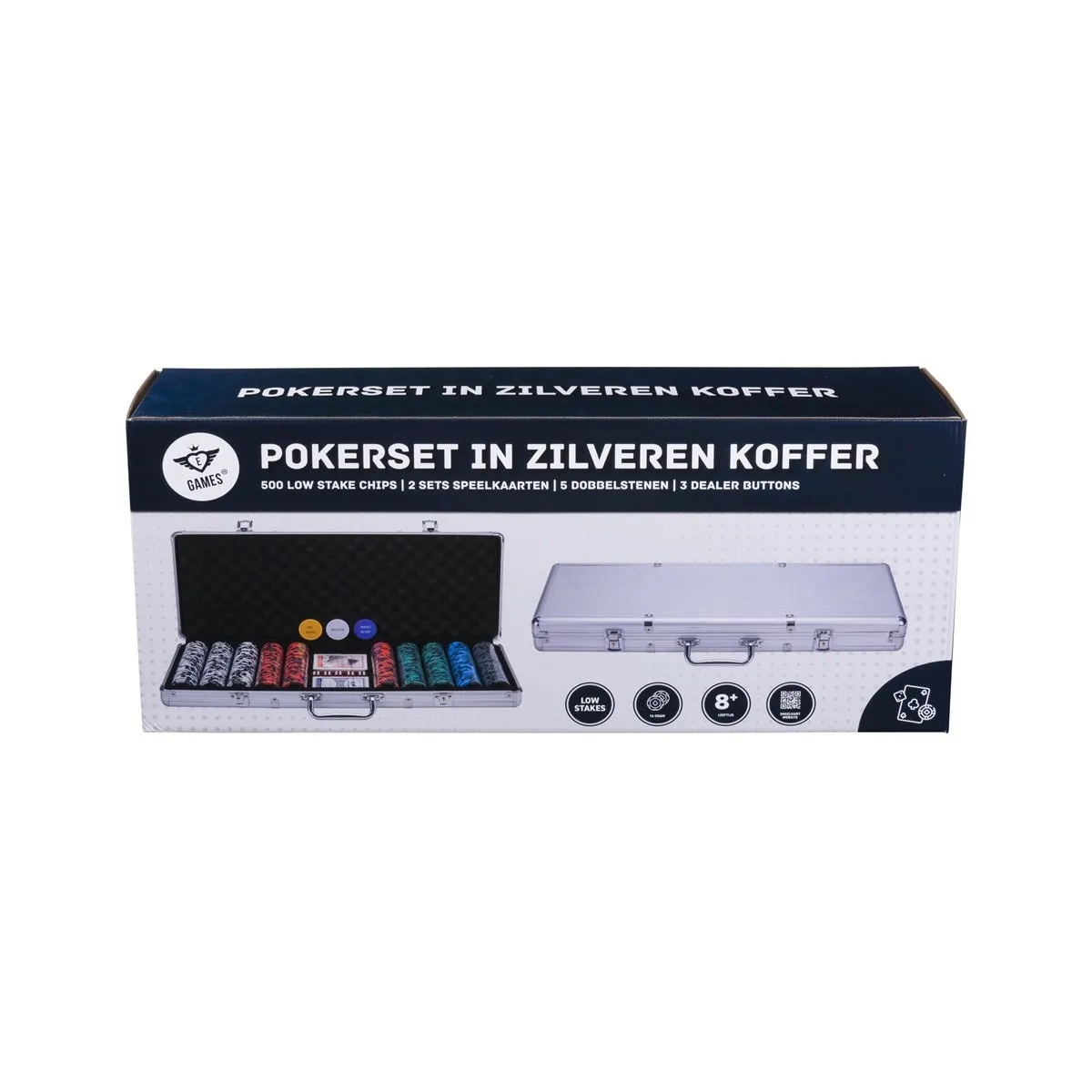 Pokerio rinkinys sidabrinės spalvos dėkle, 500 žetonų, 14g su vertėmis