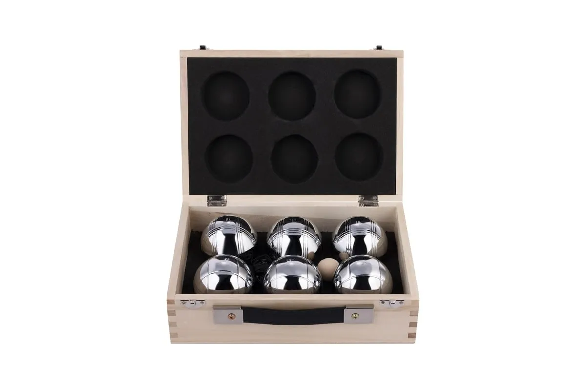 ae128255c0316dd6716644d24dd510d11dda5bd3 Petankės rinkinys 6 rutuliai 720gr. medinėje dėžutėje