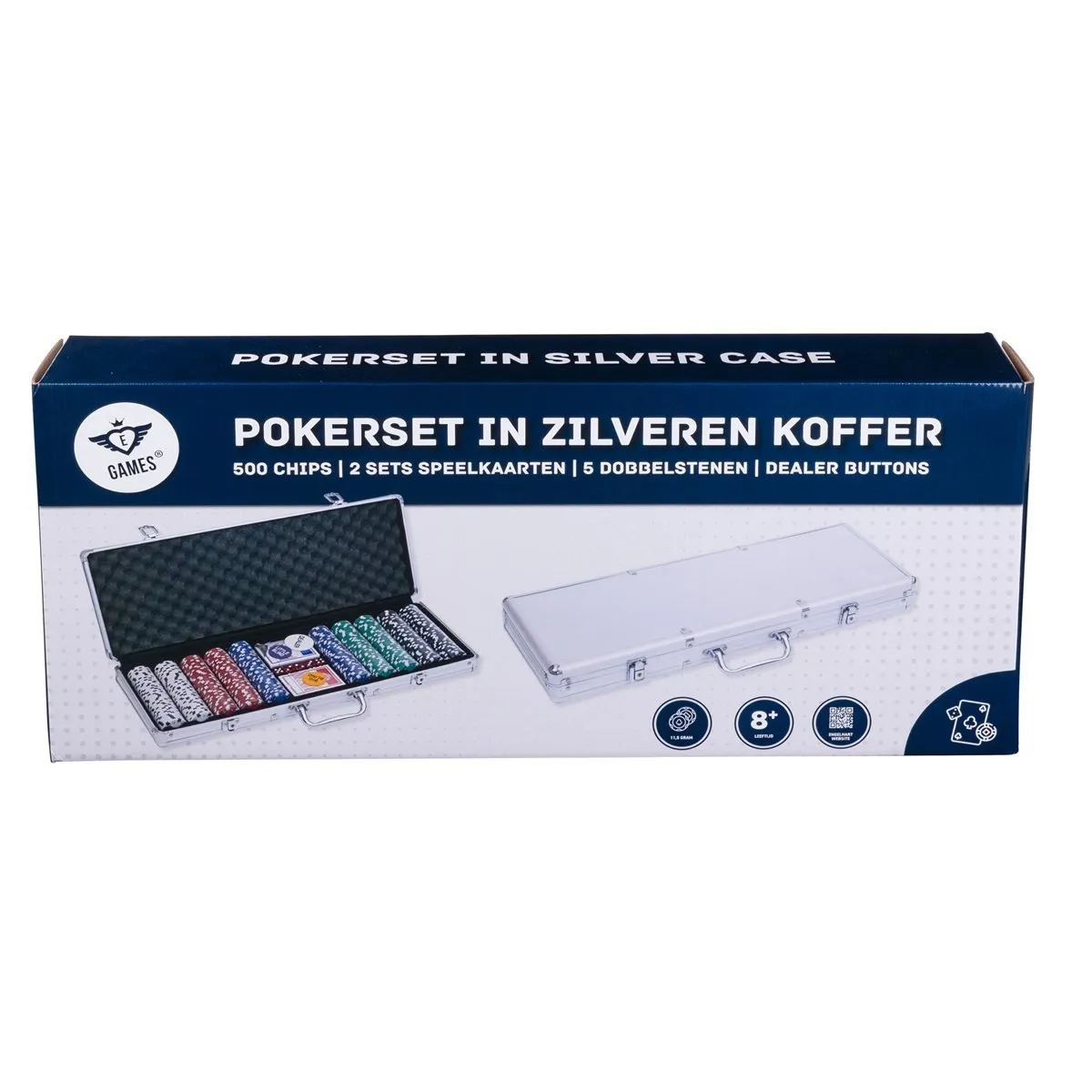 b245fdfb2e85884047308d44c312c03c5eb02714 Pokerio rinkinys sidabrinės spalvos dėkle, be verčių, 500 žetonų 11.5g