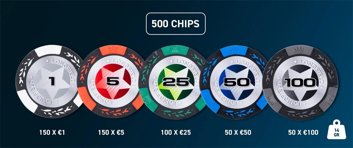 Pokerio rinkinys sidabrinės spalvos dėkle, 500 žetonų, 14g su vertėmis