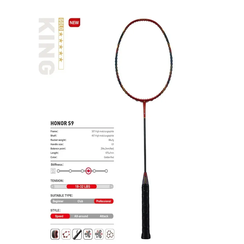 Profesionali badmintono raketė Kawasaki Honor S9 Red (sustyguota)