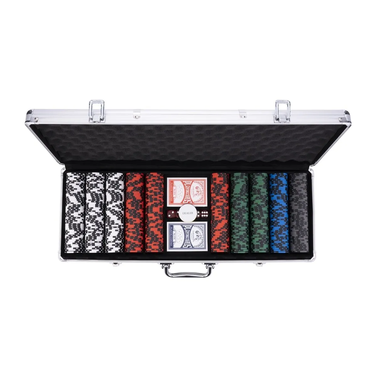 Pokerio rinkinys sidabrinės spalvos dėkle, 500 žetonų, 14g su vertėmis