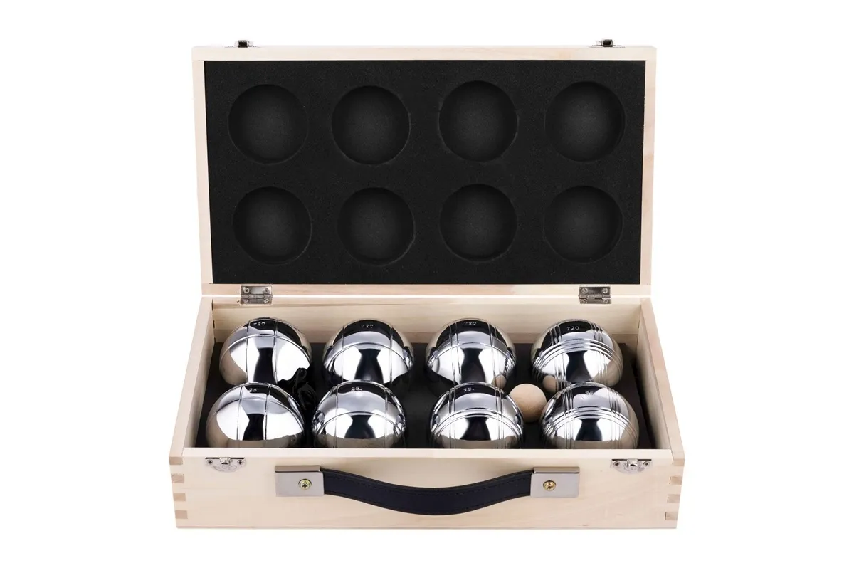 d832cd4a56f3add313d3f3d8ddb0e04f88f87631 Petankės rinkinys 8 rutuliai 720gr. medinėje dėžutėje