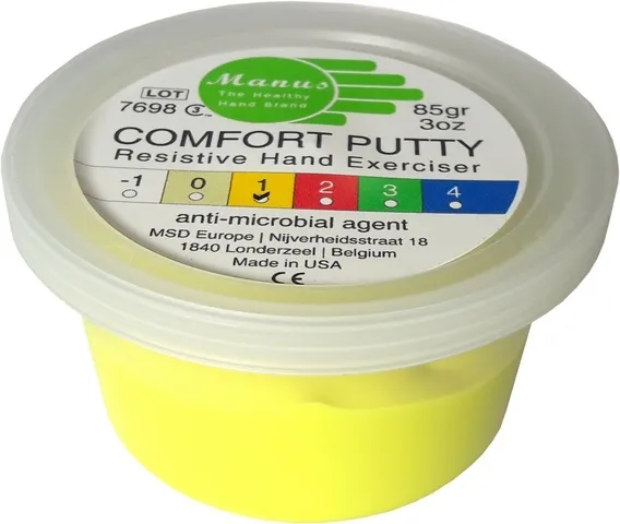 manus-comfort-putty-02-090103-manus-comfort-putty-85g-level-1-yellow_1_1_1 Ergoterapinė masė MVS Comfort Anti-bakterinė 57g-Geltona (Soft)