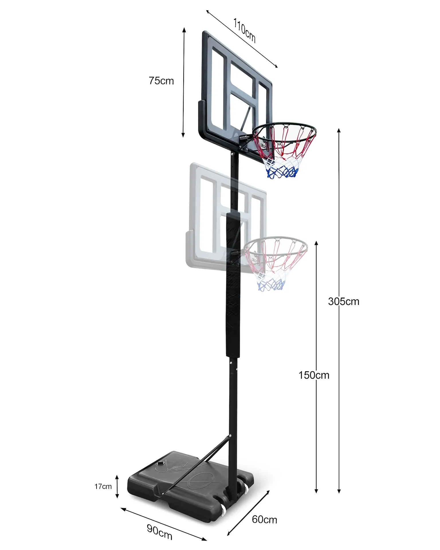Mobilus krepšinio stovas Bilaro Madison 110x75cm + apsauga + kamuolys
