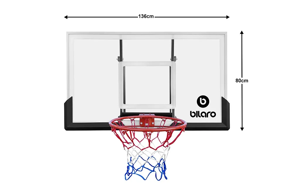 Krepšinio lenta Bilaro Omaha Class 136x80cm, 8mm grūdintas stiklas, su lanku ir tinkleliu
