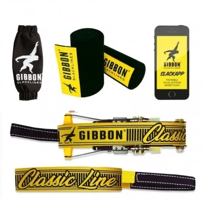 slackline-gibbon-classic-line-treewear-set-15m5cm Balansinė juosta Slackline Gibbon Classic Line su apsauga 15m/5cm