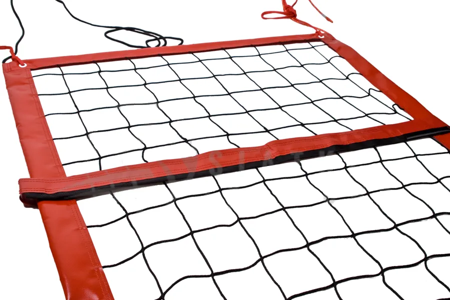 tinklinio_tinklas_raudonas Varžybinis paplūdimio tinklinio tinklas PP3mm su antenomis 8,5x1m (kevlarinis įtempimo trosas)